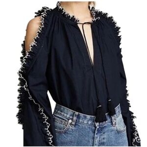 Navy Ulla Johnson Cold Shoulder Blouse Ruffles Embroidery